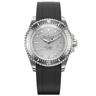Oceaneva Mens Deep Marine Explorer II Silver Damascus Steel Dial Watch Rubber Strap